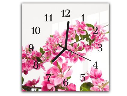 Nástěnné hodiny 30x30cm větev růžových květů, bílé pozadí (Materiál kalené sklo)