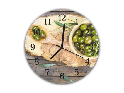 Nástěnné hodiny kulaté pr. 30cm olivy na dřevě (Materiál kalené sklo)