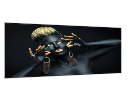 Obraz skleněný žena v černém se zlatým (Rozměry-obdélník 90 x 120 cm)