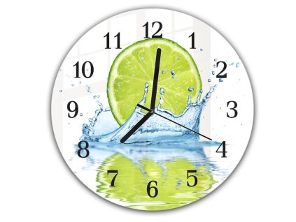 Nástěnné hodiny kulaté r.30cm odraz půl limetky v hladině vody (Materiál kalené sklo)