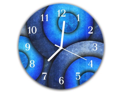 Nástěnné hodiny kulaté pr.30cm abstraktní modrý vzor (Materiál kalené sklo)