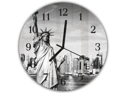 Nástěnné hodiny kulaté pr.30cm město New York a socha Svobody (Materiál kalené sklo)