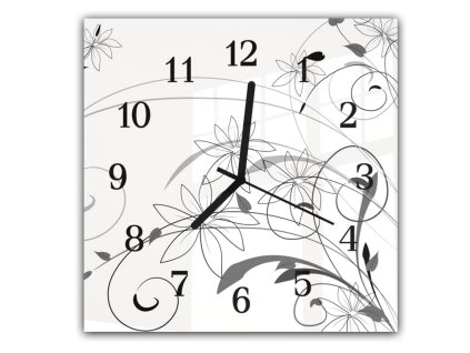 Nástěnné hodiny 30x30cm abstraktní šedý květ na bílém pozadí (Materiál kalené sklo)