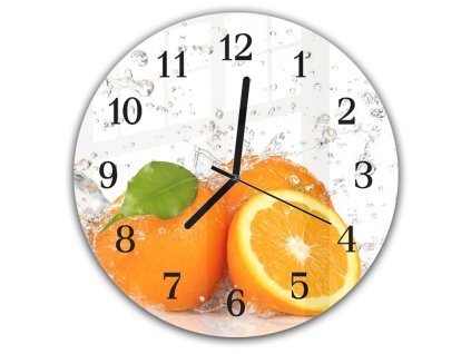 Nástěnné hodiny kulaté pr.30cm ovoce pomeranče ve vodě (Materiál kalené sklo)