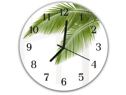 Nástěnné hodiny kulaté pr.30cm zelené palmové listí (Materiál kalené sklo)