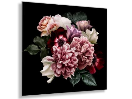 Obraz skleněný kytice pivoňka, růže, sasanka, tulipán (Rozměry-čtverec 90 x 90 cm)