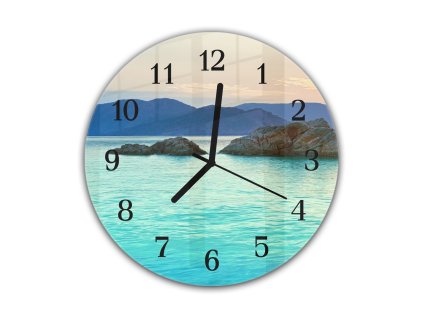 Nástěnné hodiny pr.30cm východ slunce nad mořem (Materiál kalené sklo)