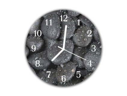 Nástěnné hodiny pr.30cm kameny tmavé oblázky (Materiál kalené sklo)