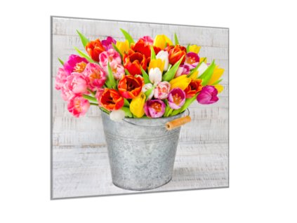 Obraz skleněný čtvercový kytice tulipánů v cínovém kýblu (Rozměry-čtverec 90 x 90 cm)