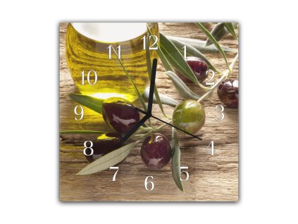 Nástěnné hodiny 30x30cm olivy na větvi a olej ve skle (Materiál kalené sklo)