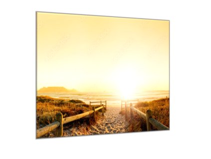 Obraz skleněný moře s písečnou pláži u západu slunce (Rozměry-čtverec 90 x 90 cm)