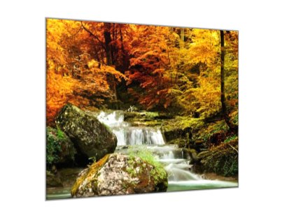 Obraz skleněný řeka a podzimní les (Rozměry-čtverec 90 x 90 cm)