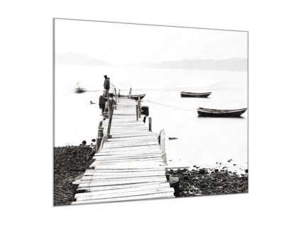Obraz skleněný molo u moře a loďky (Rozměry-čtverec 90 x 90 cm)