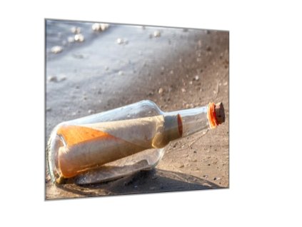 Obraz skleněný na pláži vzkaz v lahvi (Rozměry-čtverec 90 x 90 cm)