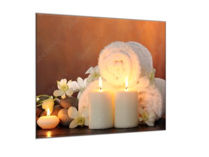 Obraz skleněný bílá svíce, ručník a květ (Rozměry-čtverec 90 x 90 cm)