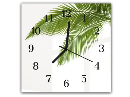 Nástěnné hodiny 30x30cm zelené palmové listy (Materiál kalené sklo)