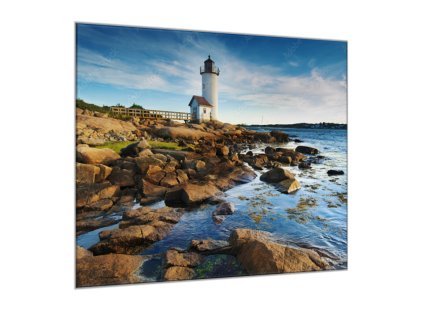 Obraz skleněný maják u moře a kameny (Rozměry-čtverec 90 x 90 cm)