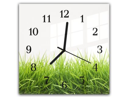 Nástěnné hodiny 30x30cm zelená jarní tráva na bílém podkladu (Materiál kalené sklo)