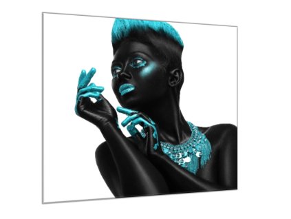 Obraz skleněný čtvercový černá žena tyrkysový detail (Rozměry-čtverec 90 x 90 cm)