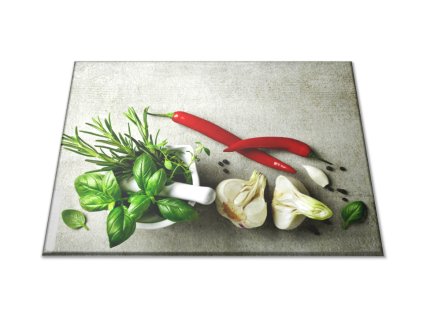 Skleněné prkénko bylinky v hmoždíři a chilli (Prkénko 40x30cm)