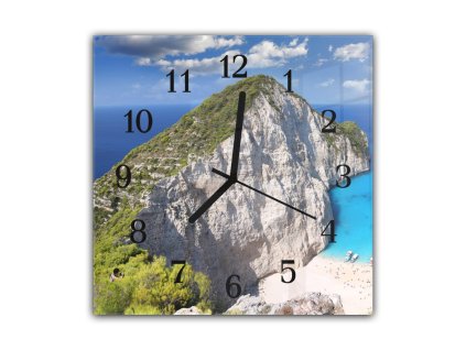 Nástěnné hodiny 30x30cm pláž Navagio v Řecku (Materiál kalené sklo)