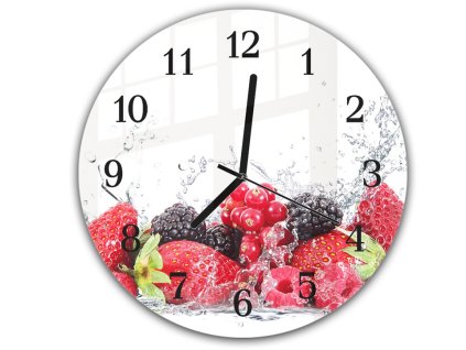 Nástěnné hodiny kulaté pr.30cm čerstvé zahradní ovoce ve vodě (Materiál kalené sklo)