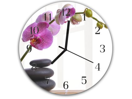 Nástěnné hodiny kulaté pr.30cm fialová orchidej nad zen kameny (Materiál kalené sklo)