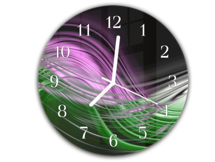 Nástěnné hodiny kulaté pr.30cm zeleno fialová vlna (Materiál kalené sklo)