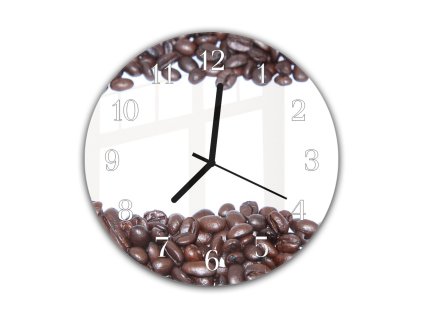 Nástěnné hodiny pr.30cm zrna kávy bílé pozadí (Materiál kalené sklo)