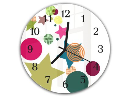 Nástěnné hodiny kulaté pr.30cm abstraktní barevné tvary (Materiál kalené sklo)