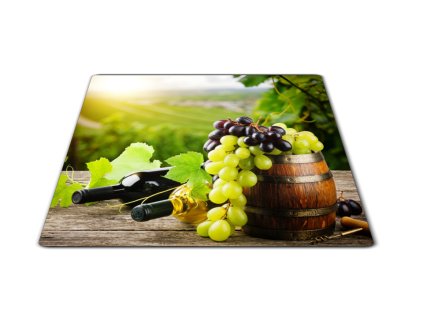 Skleněné prkénko láhve a hrozny vína u sudu (Prkénko 40x30cm)
