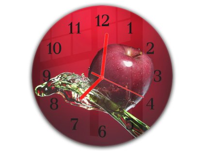 Nástěnné hodiny kulaté pr.30cm ovoce červené jablko ve vodě (Materiál kalené sklo)