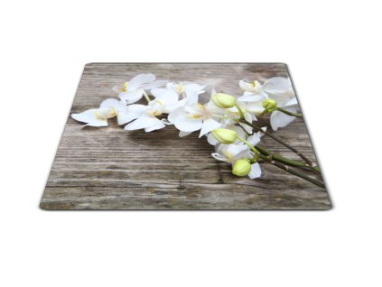 Skleněné prkénko květy bílé orchideje na dřevě (Prkénko 40x30cm)
