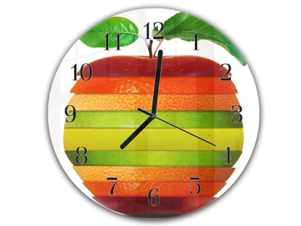 Nástěnné hodiny kulaté pr.30cm mix ovoce ve tvaru jabka (Materiál kalené sklo)