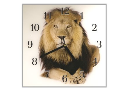 Nástěnné hodiny 30x30cm lev zlatý na bílém pozadí (Materiál kalené sklo)