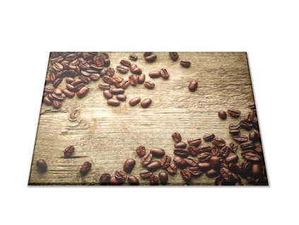 Skleněné prkénko rozsypaná káva na dřevě (Prkénko 40x30cm)