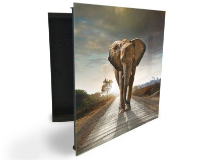 Glasdekor skříňka na klíče dekor - slon (Barva skříňky Černá, Otevírání Pravé)