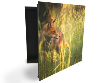 Glasdekor skříňka na klíče - liška v přírodě (Barva skříňky Černá, Otevírání Pravé)