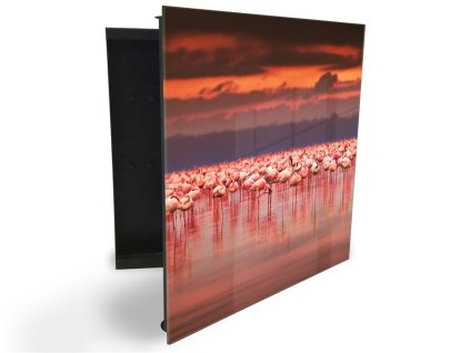 Glasdekor skříňka na klíče - plameňáci u jezera (Barva skříňky Černá, Otevírání Pravé)