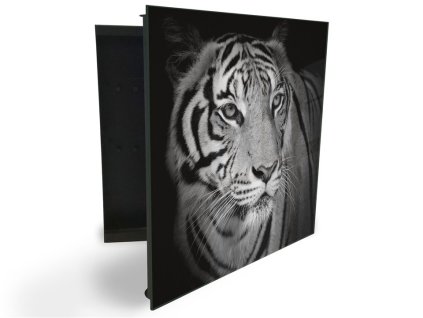 Glasdekor skříňka na klíče - hlava černobílý tygr (Barva skříňky Černá, Otevírání Pravé)