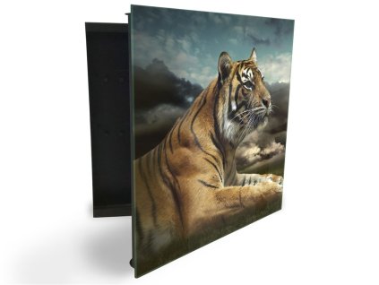 Glasdekor skříňka na klíče - ležící tygr pod tmavou oblohou (Barva skříňky Černá, Otevírání Pravé)