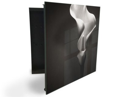 Glasdekor skříňka na klíče - bílý květ kaly na černém (Barva skříňky Černá, Otevírání Pravé)