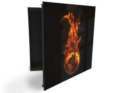 Glasdekor skříňka na klíče - hořící zeměkoule na černém (Barva skříňky Černá, Otevírání Pravé)