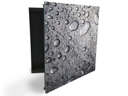 Glasdekor skříňka na klíče - kapky vody na poškrábaném kovu (Barva skříňky Černá, Otevírání Pravé)