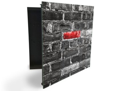 Glasdekor skříňka na klíče - šedá zeď a červený detail (Barva skříňky Černá, Otevírání Pravé)