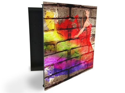 Glasdekor skříňka na klíče - barevná abstrakce na zdi (Barva skříňky Černá, Otevírání Pravé)