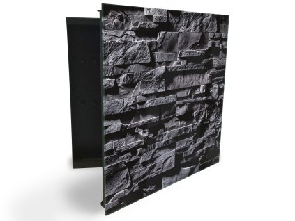 Glasdekor skříňka na klíče - tmavě šedý obklad kámen (Barva skříňky Černá, Otevírání Pravé)