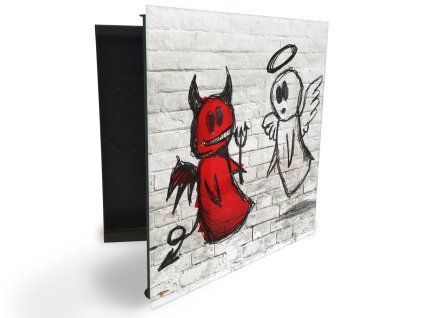 Glasdekor skříňka na klíče - kreslený anděl a čert na zdi (Barva skříňky Černá, Otevírání Pravé)