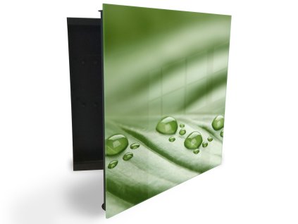 Glasdekor skříňka na klíče - detail rosa na zeleném listu (Barva skříňky Černá, Otevírání Pravé)