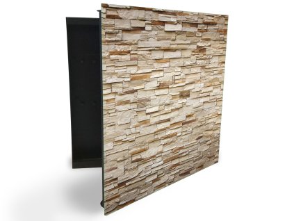 Glasdekor skříňka na klíče - pískový obklad kamenná zeď (Barva skříňky Černá, Otevírání Pravé)